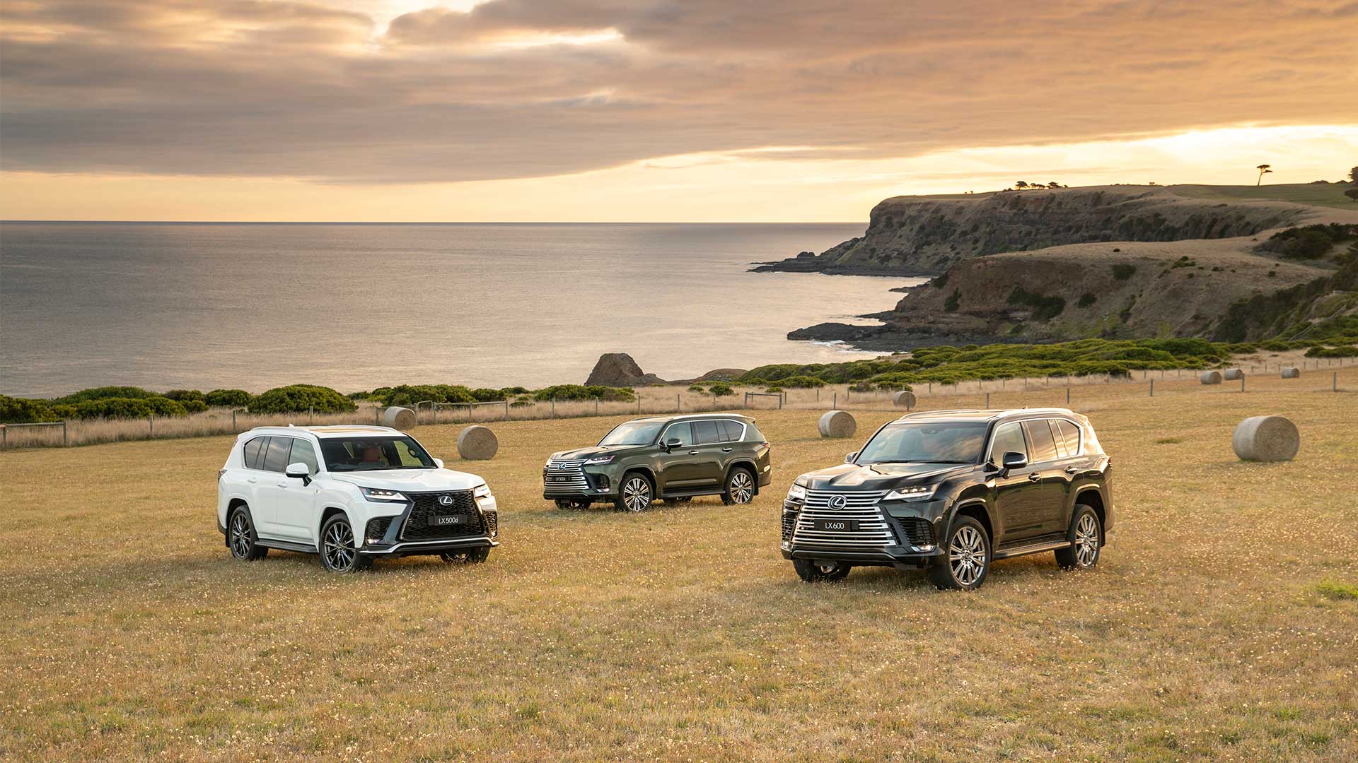 Three Lexus LX variants are parked on a dry hill, cliffs and the ocean can be seen in the background.